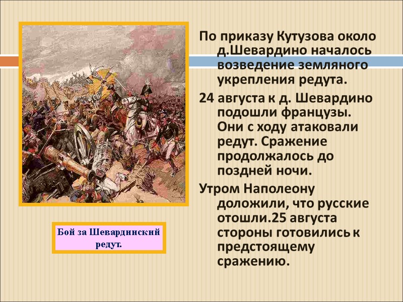 По приказу Кутузова около д.Шевардино началось возведение земляного укрепления редута. 24 августа к д.